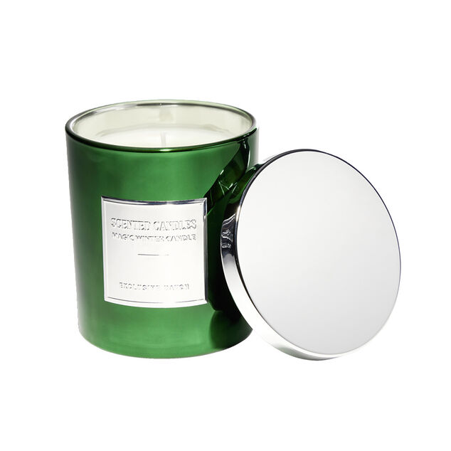 Bougie avec couvercle pot m&eacute;tallis&eacute; gris et vert senteur sapin 25H