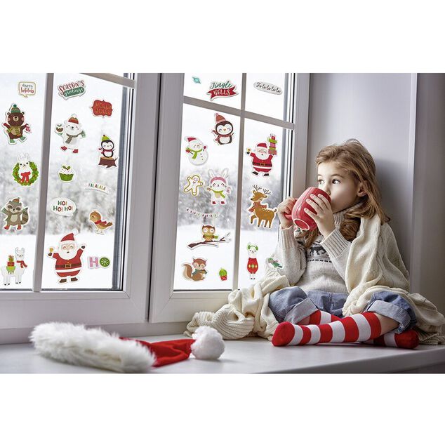 Sticker gel P&egrave;re No&euml;l Lapin Ourson pour fen&ecirc;tre