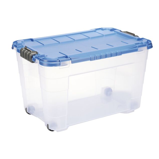 Box de rangement 60L plastique transparent 4 roues couvercle malin bleu 59x39xH36cm