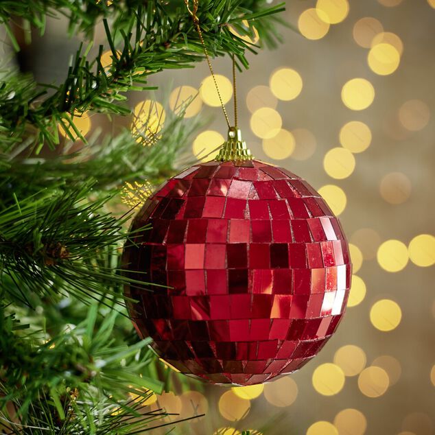 Boule de No&euml;l disco x2 en verre et plastique rouge &Oslash;9,5cm