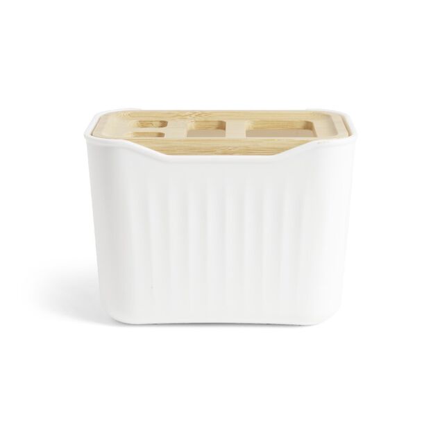 Support brosse &agrave; dent plastique blanc avec couvercle bambou 4 trous