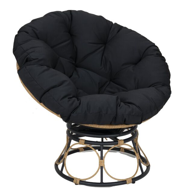 Fauteuil rond pivotant Bali coussin noir et plastique brun 95x81xH85cm