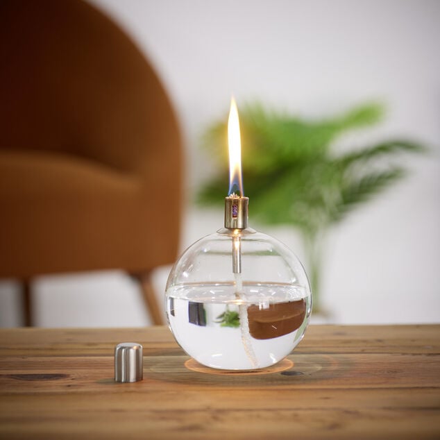 Lampe &agrave; huile ronde en verre et m&egrave;che coton H13cm