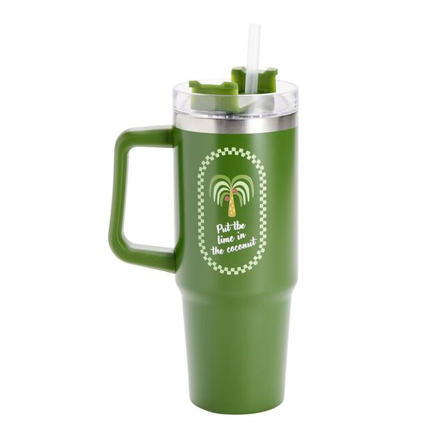Gourde isotherme mug 900ml inox et plastique motif tropical avec paille (2 mod&egrave;les)