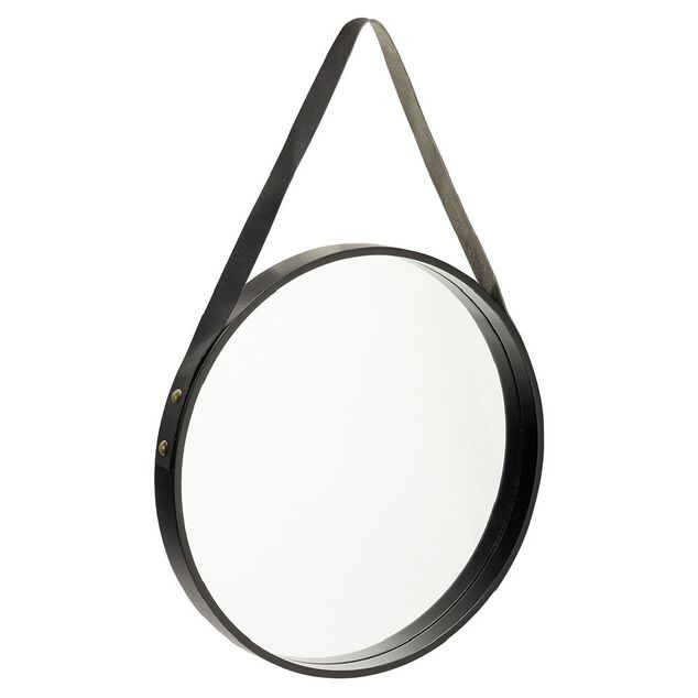 Miroir rond &agrave; suspendre contour bois noir &Oslash;40 cm