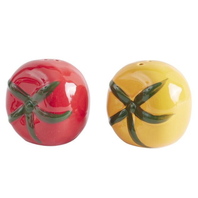 Sali&egrave;re et poivri&egrave;re c&eacute;ramique forme tomate rouge et jaune &Oslash;6xH4,5cm