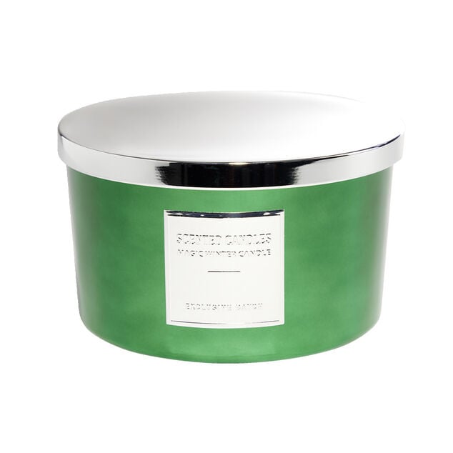 Bougie avec couvercle pot m&eacute;tallis&eacute; gris et vert senteur sapin 30H