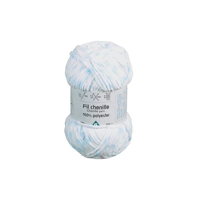 Pelote de fil à tricoter chenille blanc et bleu 120m