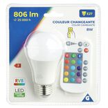 Ampoule LED E27 A60 couleurs changeantes avec t&eacute;l&eacute;commande 806lms