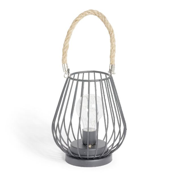 Lanterne LED ajour&eacute;e m&eacute;tal noir poign&eacute;e jute &Oslash;15xH18cm