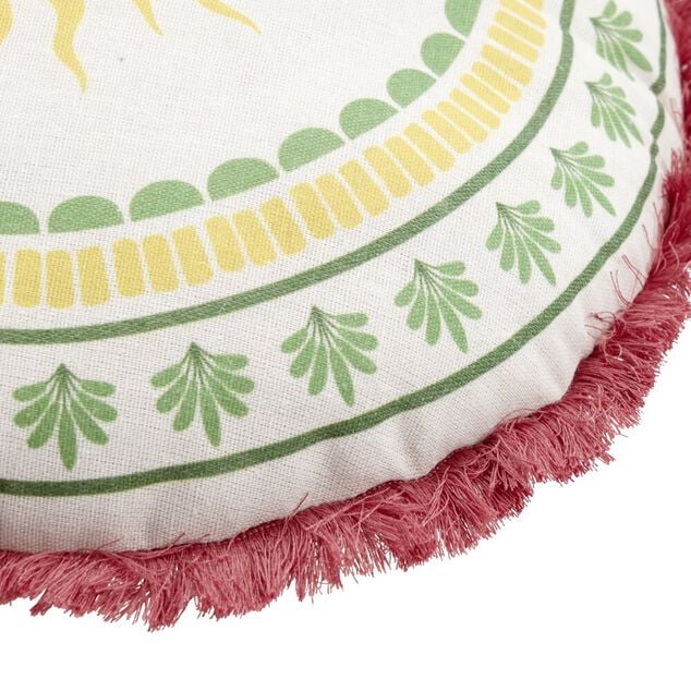 Coussin rond lin motif estival bord &agrave; franges &Oslash;40cm (2 mod&egrave;les soleil ou palmier)