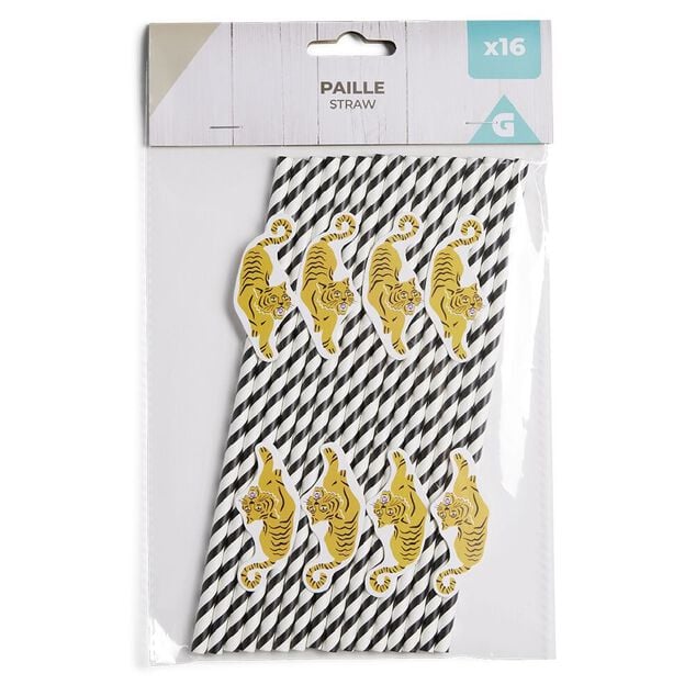 Lot de 16 pailles d&eacute;cor&eacute;es papier L25cm