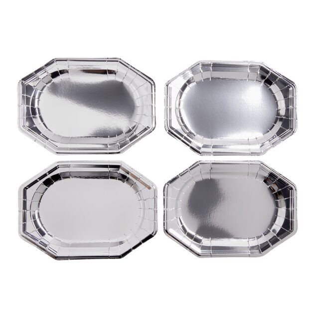 Plateau de pr&eacute;sentation ovale x4 en carton gris argent&eacute; 25x34cm