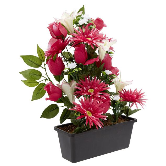 Jardini&egrave;re rose+lys+gerbera H48 cm - Fleur artificielle 28 t&ecirc;tes