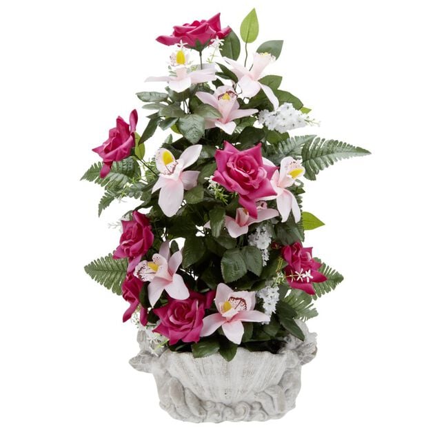 Coquillage en ciment statuette ange fleur artificielle violet et blanc