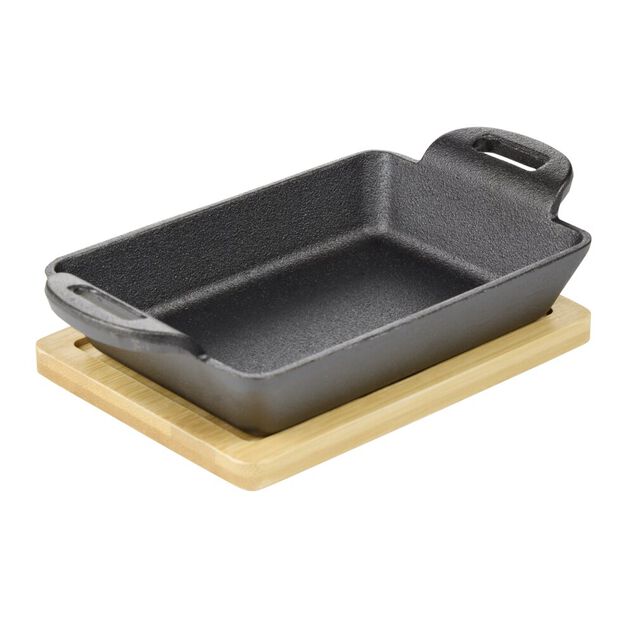 Mini plat rectangulaire en fonte avec support bambou L19X11X5 cm noir