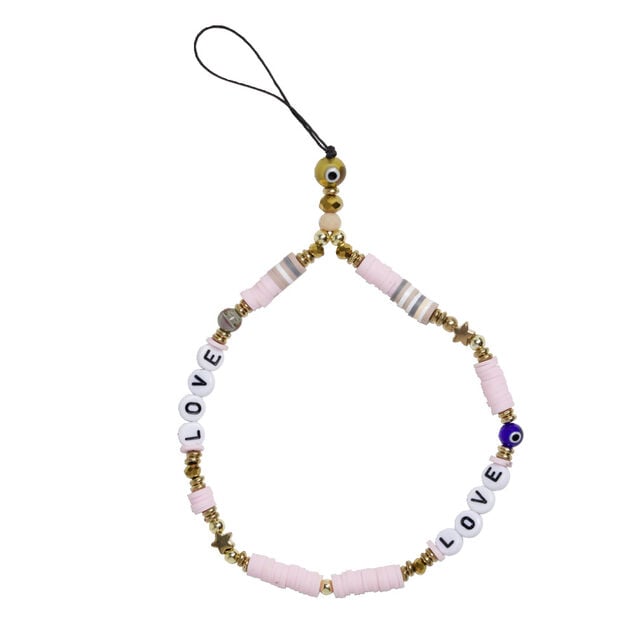 Bijou de t&eacute;l&eacute;phone perles dor&eacute; blanc rose L17cm