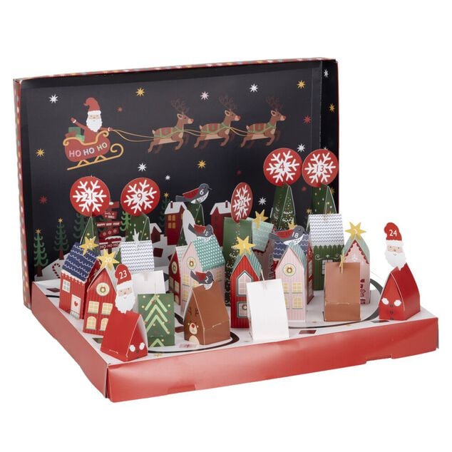 Calendrier de l'Avent papier &agrave; monter village de No&euml;l 51X34X5 cm