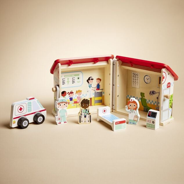 Ferme ou h&ocirc;pital ou caserne de pompiers pliable en bois 20,5x17,5xH19cm