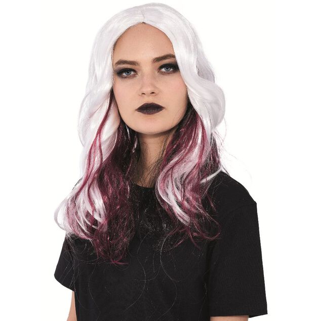 Perruque adulte Halloween vampire blanche et rouge L50cm
