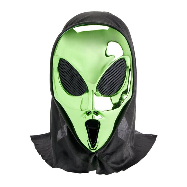 Masque Halloween alien avec cagoule vert m&eacute;tallis&eacute;