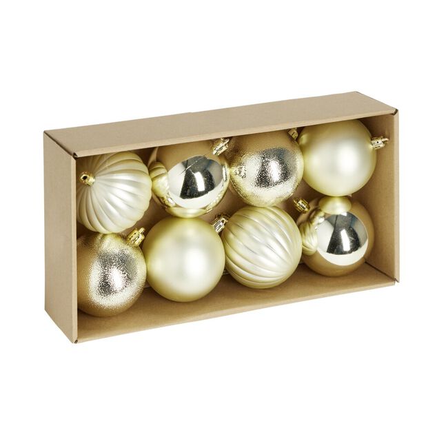 Boule de No&euml;l plastique dor&eacute; x8 forme assortie &Oslash;9cm
