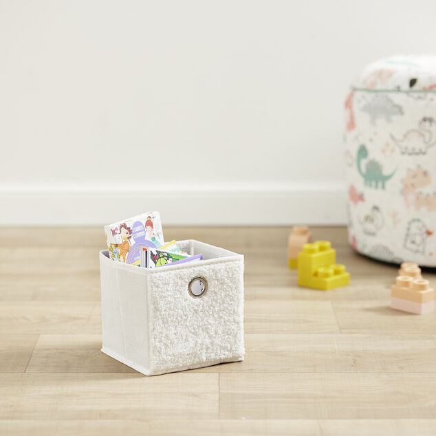 Pani&egrave;re de rangement laine boucl&eacute;e blanc 15x15xH15cm
