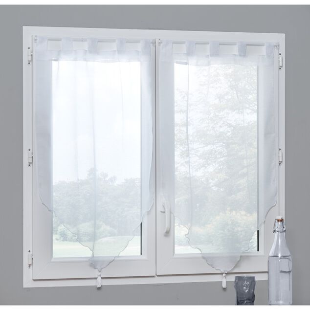 Vitrage passe tringle voile uni blanc pointe pompon 60x90cm x2