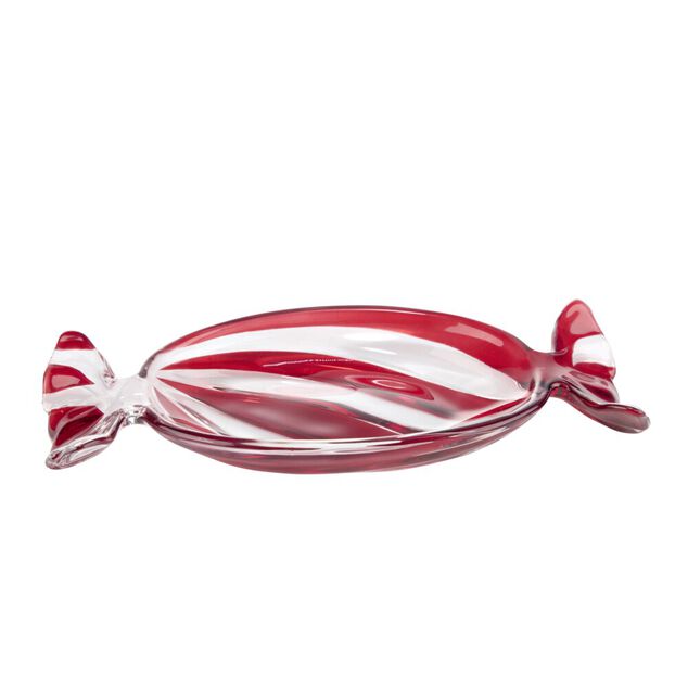 Coupelle en verre forme bonbon ray&eacute; L20X9XH2,5 cm rouge et blanc