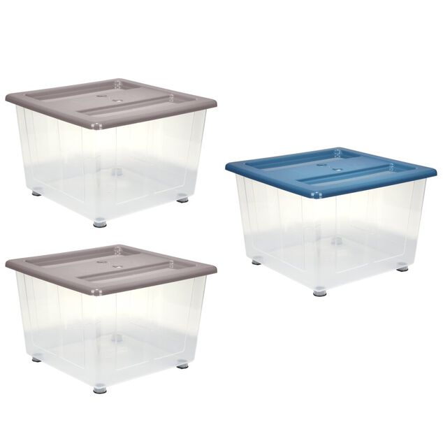 Box de rangement 30L x3 plastique transprent avec roulettes et couvercle gris et bleu