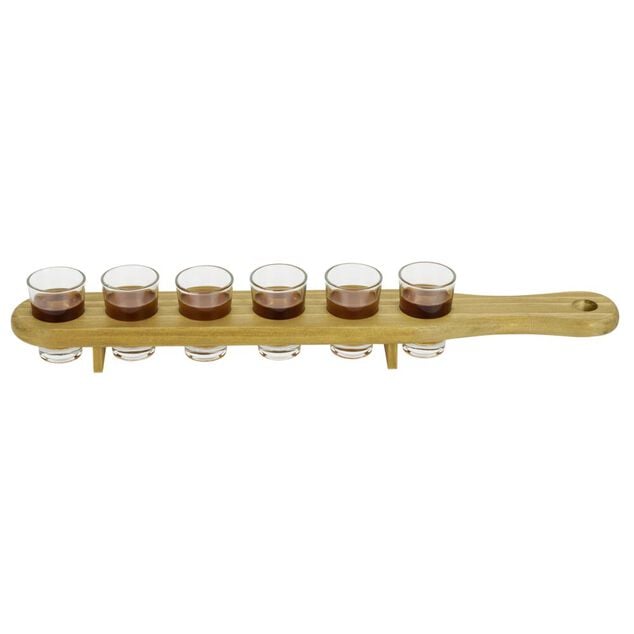 Planche en pin avec 6 verres à shooter