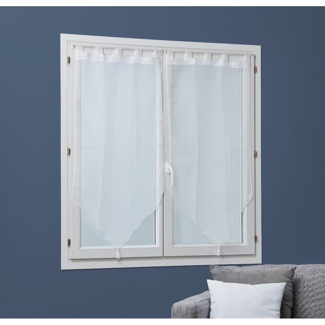 Vitrage passe tringle voile uni blanc pointe pompon 60x120cm x2