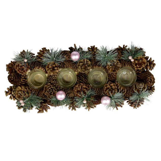 Centre de table d&eacute;coration pin et boules de No&euml;l 4 photophores bois et verre L47X17XH9 cm