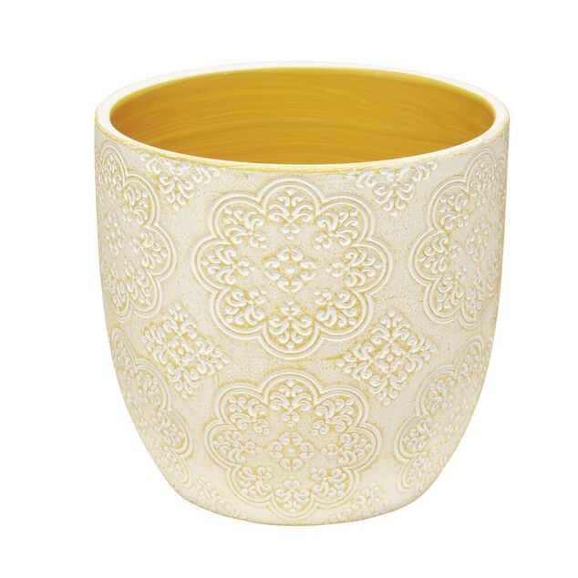 Pot terre cuite arabesque motif fleur beige &Oslash;13,5xH13,5cm