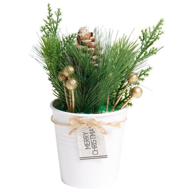 Décoration branche de pin dans pot blanc Ø8xH10cm