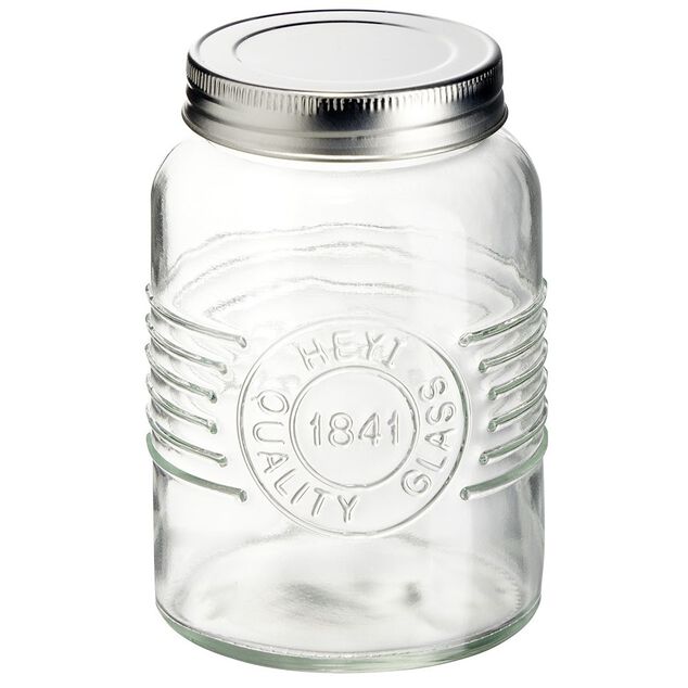 Bocal herm&eacute;tique rond transparent avec couvercle en m&eacute;tal H13 cm