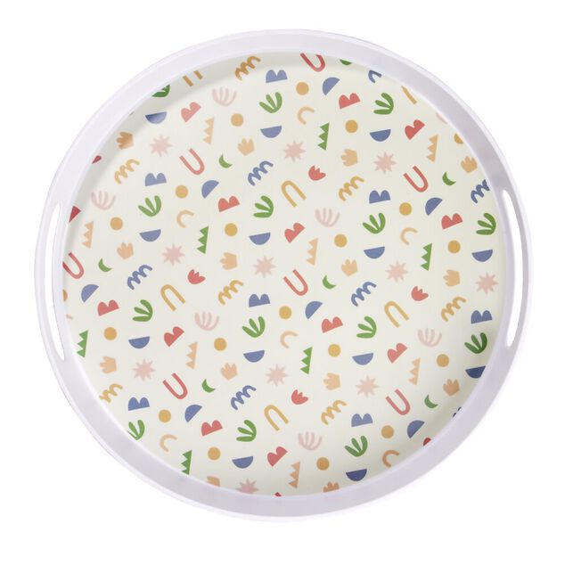 Plateau rond m&eacute;lamin&eacute; motif matisse blanc et multicolore &Oslash;34,5xH5cm