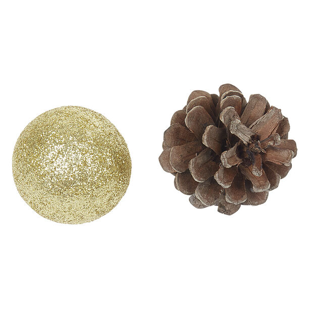 Suspension boules de No&euml;l dor&eacute;es et pommes de pin