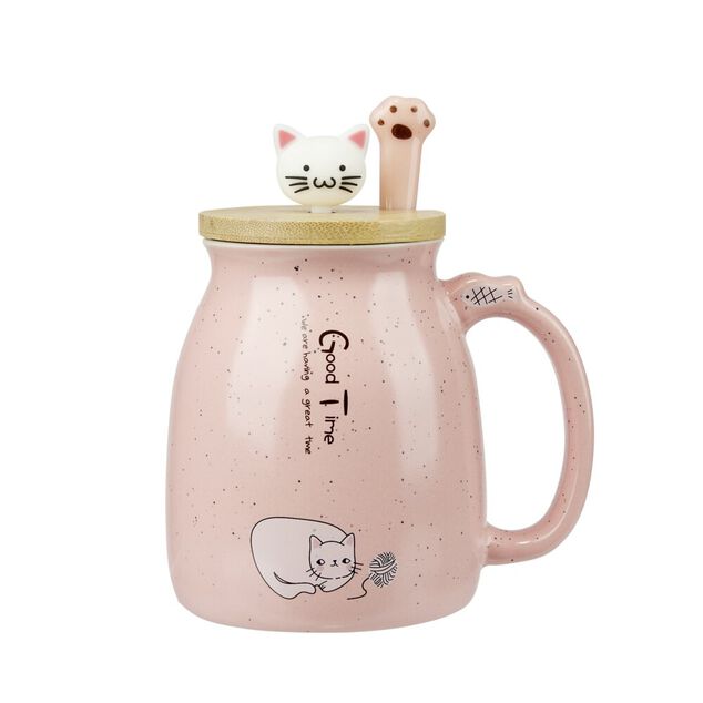 Tasse céramique motif chat kawaii avec couvercle bois et cuillère (3 modèles)