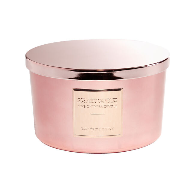 Bougie avec couvercle pot m&eacute;tallis&eacute; rose gold senteur pain d'&eacute;pices 30H