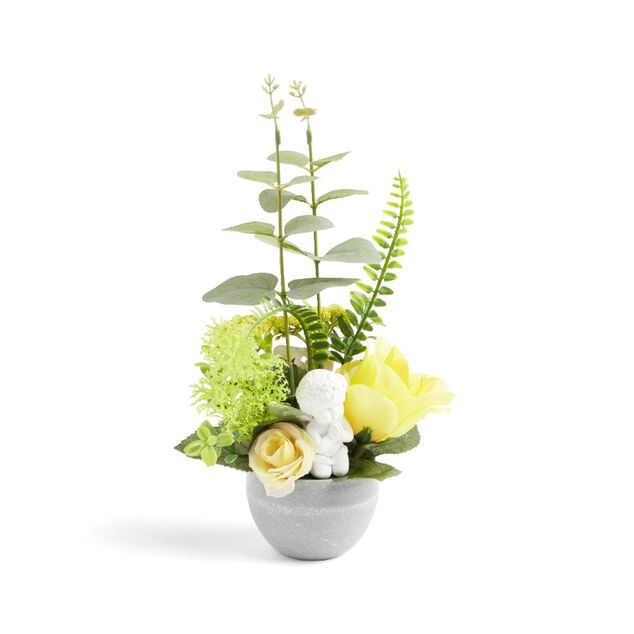 Composition fun&eacute;raire ange avec rose/eucalyptus jaune &Oslash;16xH28cm