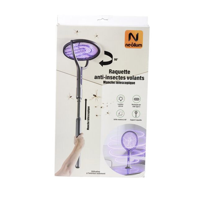 Raquette &eacute;lectrique anti insectes volants manche t&eacute;lescopique LED UV L45cm