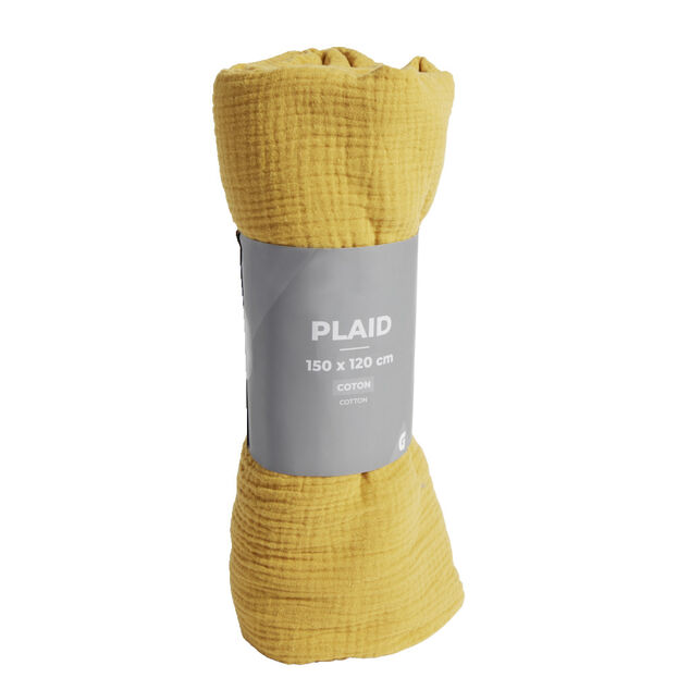 Plaid d'&eacute;t&eacute; gaze de coton jaune moutarde 150x120cm
