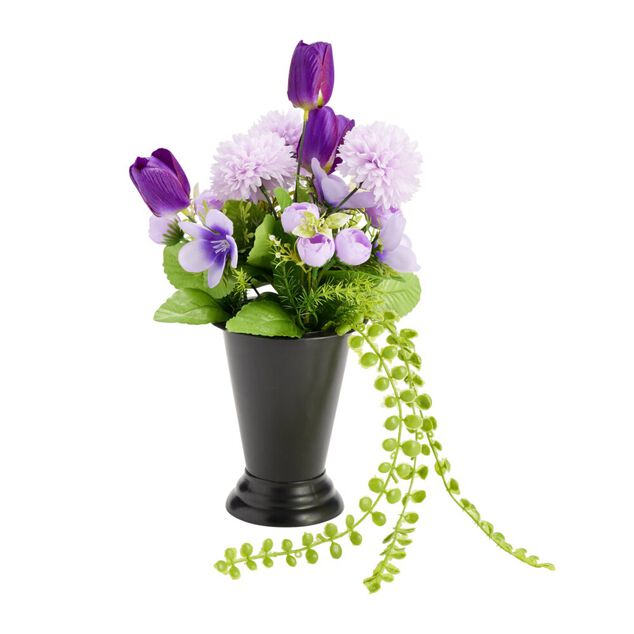 Composition florale artificielle multifleur violette vase lest&eacute; &Oslash;20xH33cm