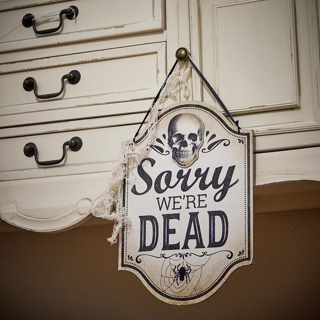 Panneau Halloween inscription Sorry we're dead en bois L22,75xH33,75cm
