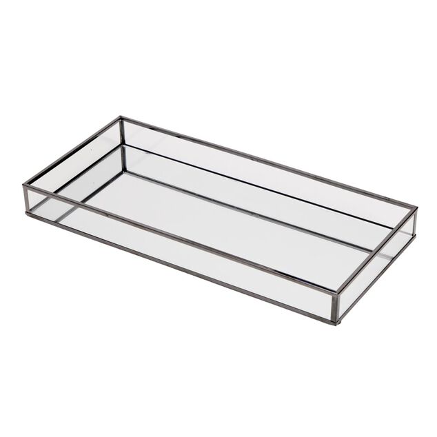 Plateau d&eacute;co rectangulaire verre et contours fer L16X34XH4 cm (2 mod&egrave;les dor&eacute; ou argent&eacute;)