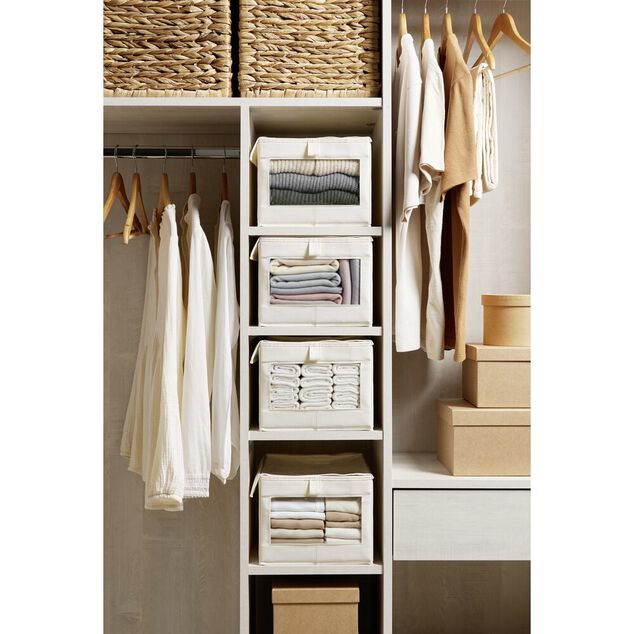 Pani&egrave;re rangement v&ecirc;tement avec couvercle et fen&ecirc;tre beige 35,5x26xH21,5cm