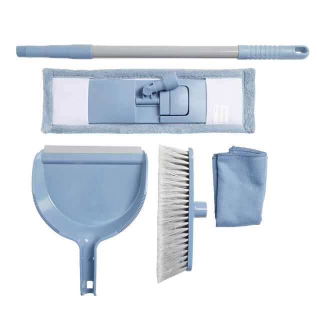 Kit de m&eacute;nage 5 pi&egrave;ces balai plat manche serpill&egrave;re pelle chiffon