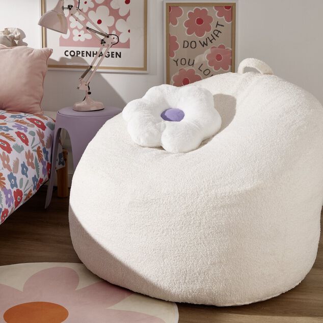 Pouf poire Clara effet laine boucl&eacute;e blanc &Oslash;92xH61cm