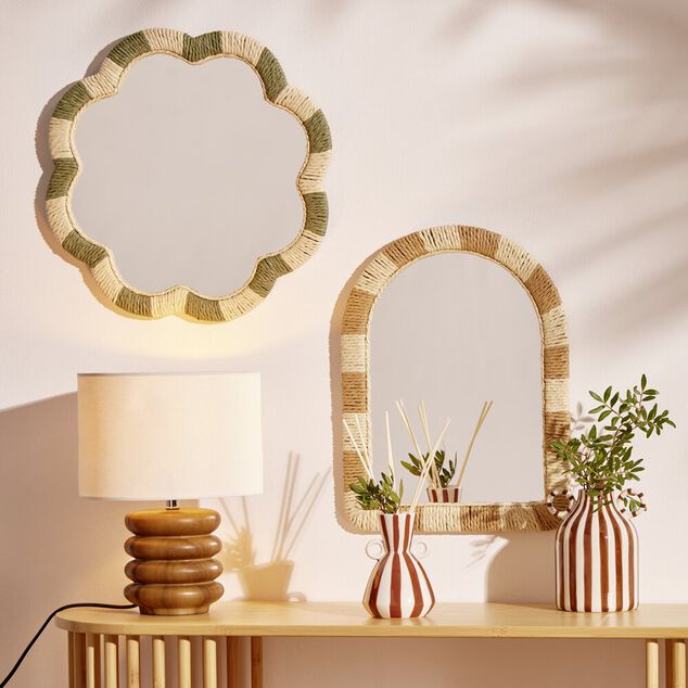 Miroir mural forme arche cadre tress&eacute; beige et marron 30xH40cm